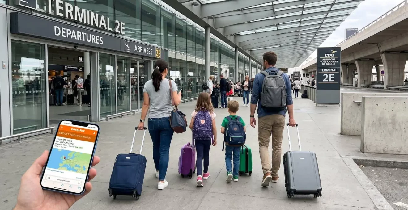 Une famille de trois personnes vue de dos s'approche de l'entrée moderne d'un terminal d'aéroport avec des valises à roulettes