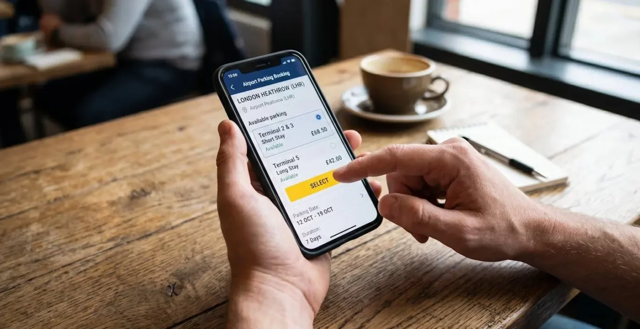 Gros plan sur des mains tenant un smartphone montrant une interface de réservation partiellement visible mais floutée, posé sur une table en bois moderne