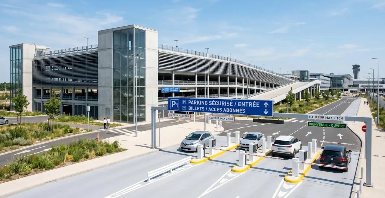 Vue grand angle d'un parking extérieur sécurisé moderne avec barrières automatiques et signalétique claire, sans présence humaine au premier plan